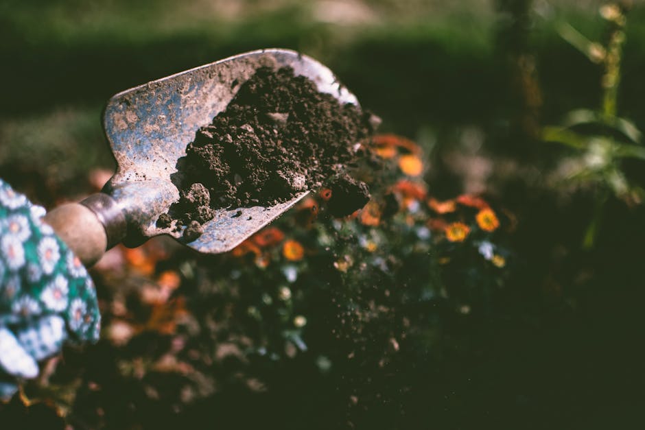 Close-up of a garden shovel digging into soil surrounded by blooming flowers