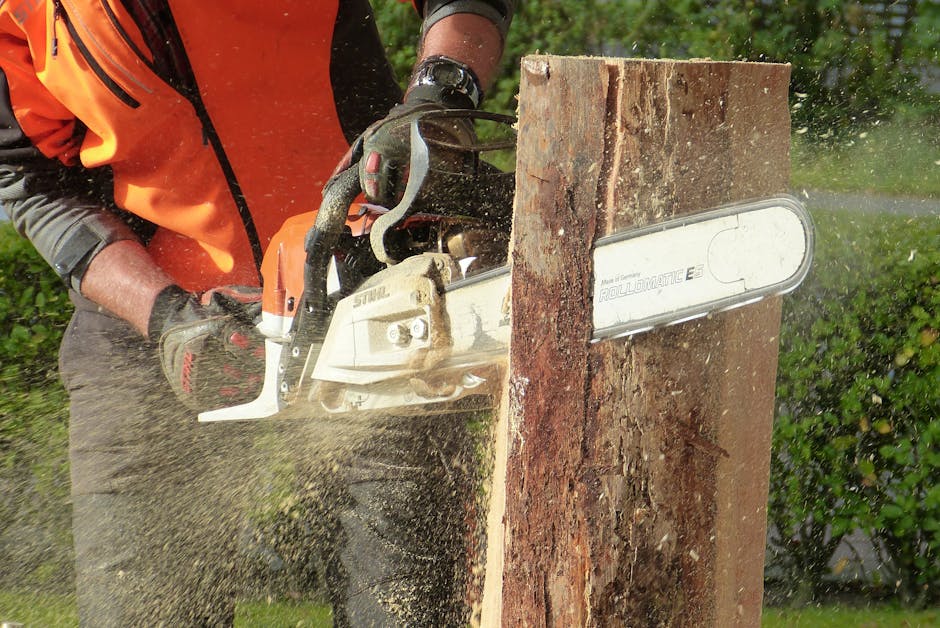 Professional worker using a chainsaw to cut through a large tree trunk during a residential tree removal